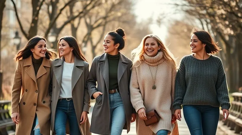 A photorealistic, professional photography, 8K, cinematic lighting, sharp focus, depth of field, shot on a high-end DSLR. A diverse group of stylish women laughing and walking through a sunlit urban park in early spring, each wearing a beautifully repurposed winter garment (e.g., a de-sleeved coat, an overdyed sweater), styled effortlessly for the warmer weather.