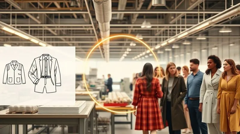 A photorealistic, professional photography, 8K, cinematic lighting, sharp focus, depth of field, shot on a high-end DSLR. A conceptual image showing a sustainable fashion lifecycle: a design sketch of a versatile garment, followed by a factory floor with circular processes (e.g., fabric recycling), and finally, a diverse group of people wearing seasonless, high-quality clothing, all connected by a subtle, glowing circular line.