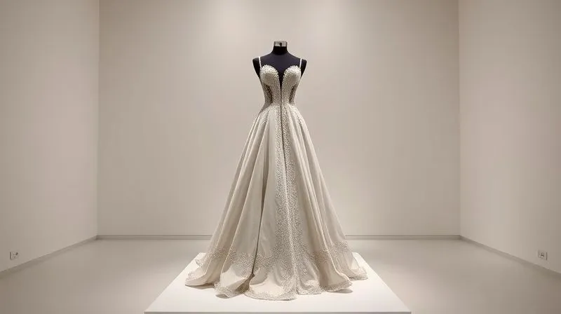 A photorealistic image of a haute couture gown, perhaps a historical piece by Balenciaga or Dior, displayed elegantly like a sculpture in a pristine, minimalist museum gallery. Cinematic lighting highlights its intricate details, sharp focus on the garment's texture and silhouette, evoking reverence. 8K, professional photography, shot on a high-end DSLR.
