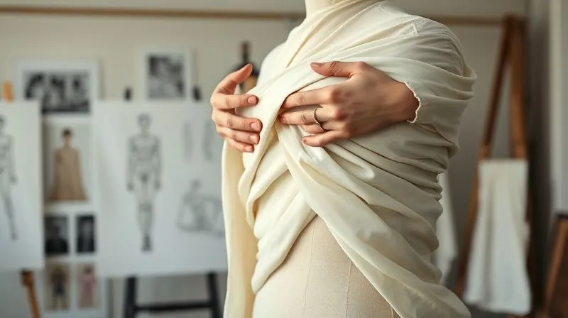 A photorealistic, professional photography, 8K, cinematic lighting, sharp focus, depth of field, shot on a high-end DSLR, of a designer's hands meticulously draping an avant-garde, sculptural fabric on a custom-built mannequin. The background is a sophisticated atelier setting with blurred mood boards and design sketches, emphasizing creative process and precision.