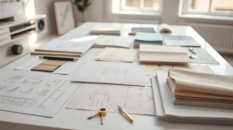 A photorealistic, professional photography, 8K, cinematic lighting, sharp focus, depth of field, shot on a high-end DSLR, of a meticulously organized archive of haute couture design documents, sketches, fabric swatches, and small material samples, laid out on a minimalist white table in a sunlit, contemporary studio. The focus is on the precision and detail of the archival process.
