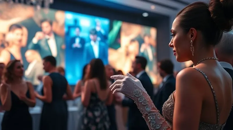 A photorealistic image of a diverse group of elegant individuals at a hybrid event, some mingling in a beautifully decorated physical space with soft, warm lighting, while others are visible on large, integrated screens, all dressed in sophisticated formal attire. A woman in the foreground is subtly adjusting a long, exquisite evening glove. Cinematic lighting, sharp focus, depth of field. 8K hyper-detailed, professional photography, shot on a high-end DSLR.