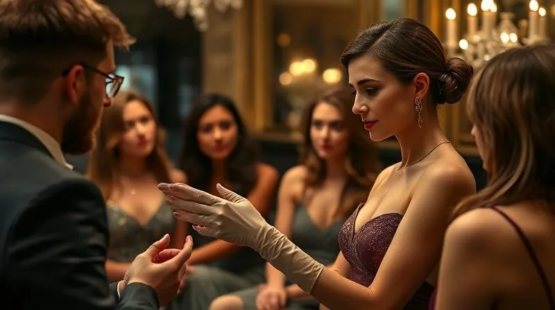 A photorealistic image depicting a stylish woman in elegant evening wear, including long gloves, interacting authentically with a small group of engaged followers in a sophisticated, well-lit setting, possibly a private salon or digital live stream, demonstrating a luxury accessory. Cinematic lighting, sharp focus, depth of field. 8K hyper-detailed, professional photography, shot on a high-end DSLR.