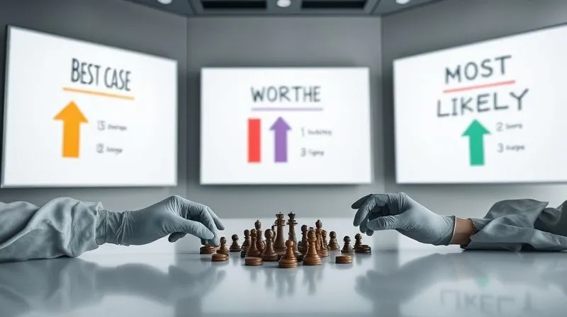 A photorealistic image of a sophisticated strategy room, with three distinct whiteboards or large screens, each displaying a different scenario: a 'Best Case' with vibrant upward arrows and celebratory imagery, a 'Worst Case' with downward arrows and muted tones, and a 'Most Likely' with a balanced, steady progression. In the foreground, hands (some gloved) are strategically moving pieces on a sleek, minimalist table. Cinematic lighting, sharp focus, depth of field. 8K hyper-detailed, professional photography, shot on a high-end DSLR.