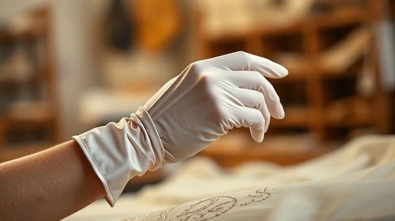 A photorealistic image of elegant hands, one wearing a luxury evening glove, gently inspecting a swatch of sustainably sourced silk or a detail of intricate, ethical embroidery. The background is a softly blurred, warm-toned atelier or workshop, suggesting craftsmanship and natural materials. Cinematic lighting, sharp focus on the glove and material, depth of field. 8K hyper-detailed, professional photography, shot on a high-end DSLR.