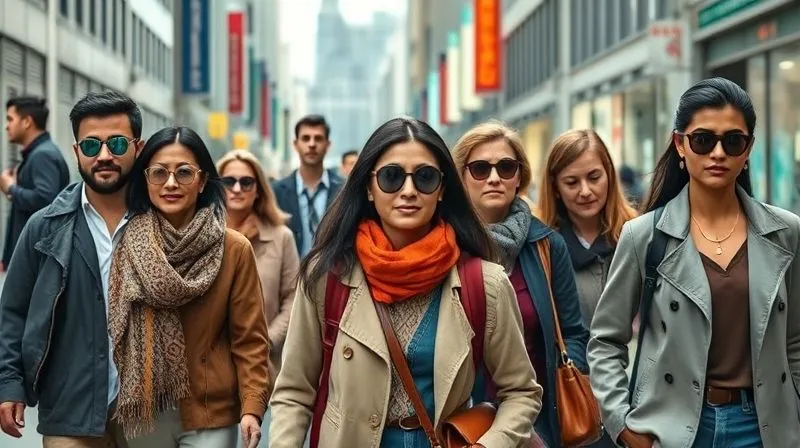 photorealistic, professional photography, 8K, cinematic lighting, sharp focus, depth of field, shot on a high-end DSLR, a diverse group of people from different cultures and ages, each wearing distinct eyewear, walking through a bustling, modern city street, symbolizing global cultural shifts and diverse fashion trends, with digital data overlays subtly hinting at macro-economic and societal influences.