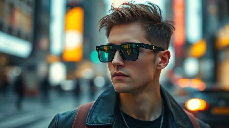 photorealistic, professional photography, 8K, cinematic lighting, sharp focus, depth of field, shot on a high-end DSLR, a stylish individual wearing unique, cutting-edge eyewear, captured in a candid street style shot in a vibrant urban setting, surrounded by blurred city lights and movement, symbolizing early trend adoption and urban fashion influence.