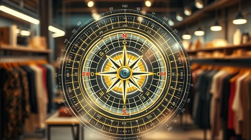 A photorealistic image of a complex, glowing holographic compass with various data points and trend indicators spinning around its center, overlaid on a blurred background of a bustling fashion workshop. Cinematic lighting, sharp focus on the compass, depth of field, 8K hyper-detailed.