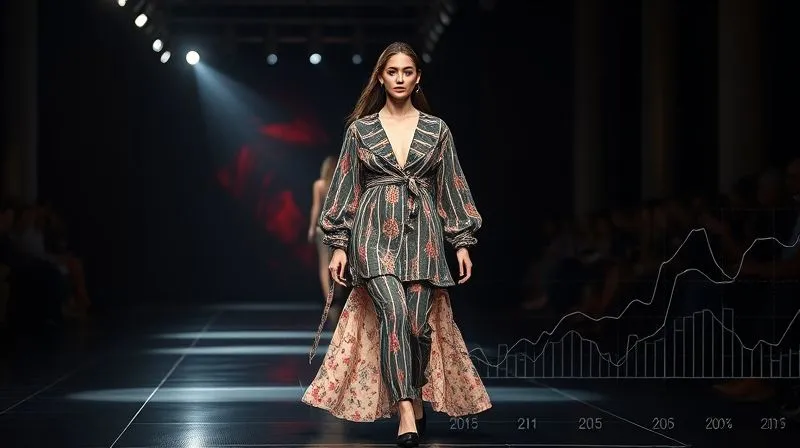 A photorealistic high-fashion runway model walking under dramatic, cinematic lighting, with a semi-transparent overlay of data points and trend lines analyzing garment details and audience reactions. The focus is on the intricate details of the clothing and the data visualization, 8K hyper-detailed, professional photography, shot on a high-end DSLR.