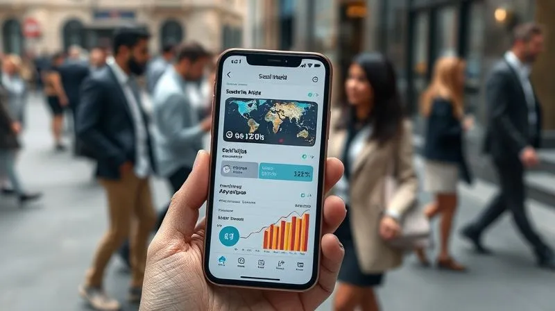 A photorealistic, professional photography shot of a sleek, minimalist smartphone displaying a complex social media analytics dashboard with real-time sentiment analysis graphs and trending keywords, all against a subtly blurred background of diverse, stylish individuals interacting in a bustling urban setting. 8K, cinematic lighting, sharp focus, depth of field, shot on a high-end DSLR.