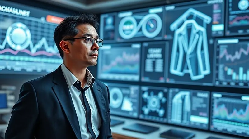 A photorealistic, professional photography shot of a futuristic control room with multiple holographic screens displaying complex data visualizations, trend lines, and a 3D model of a luxury garment. A thoughtful, impeccably dressed executive stands in the foreground, looking confidently towards the future. Cinematic lighting, 8K hyper-detailed, sharp focus, depth of field, shot on a high-end DSLR.