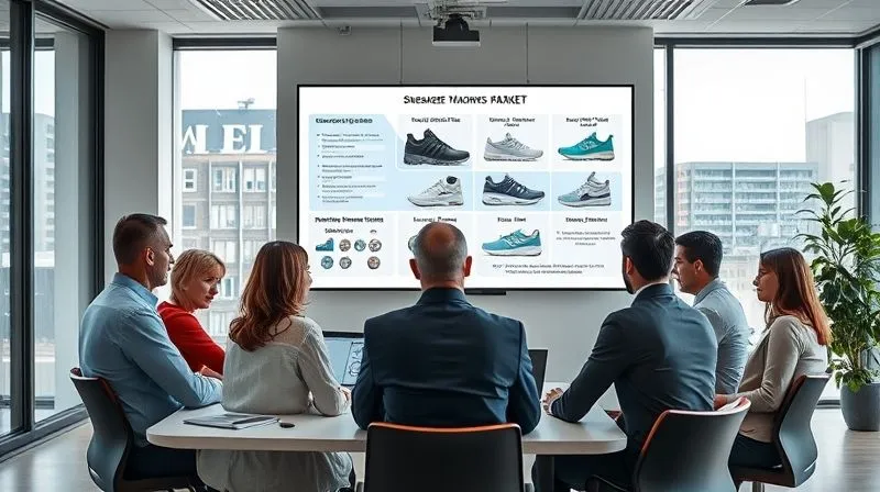 A professional business team in a modern office, gathered around a large screen displaying various hypothetical market scenarios for sneaker trends, with a sense of focused strategizing and critical thinking, photorealistic, professional photography, 8K, cinematic lighting, sharp focus, depth of field, shot on a high-end DSLR.