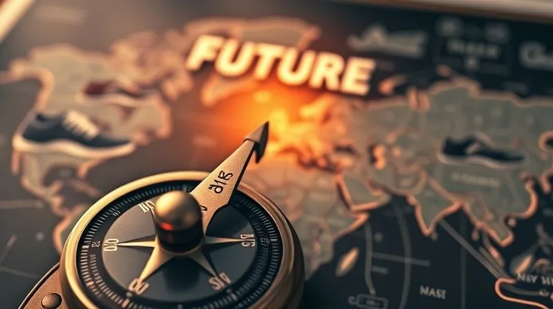 A close-up, photorealistic image of a vintage compass pointing towards a dynamic, glowing "future" on a blurred map of interconnected sneaker trends, symbolizing expert guidance and strategic direction, professional photography, 8K, cinematic lighting, sharp focus, depth of field, shot on a high-end DSLR.