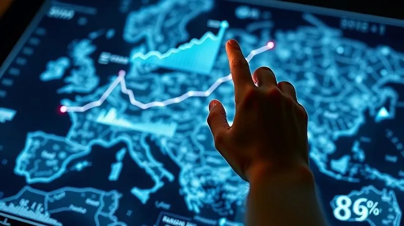 A photorealistic 3D holographic projection of complex fashion sales data, featuring rising bar charts and trend lines, overlaid on a map. A human hand points to a specific data point. Cinematic lighting, sharp focus on the data, depth of field blurring the background, 8K hyper-detailed.