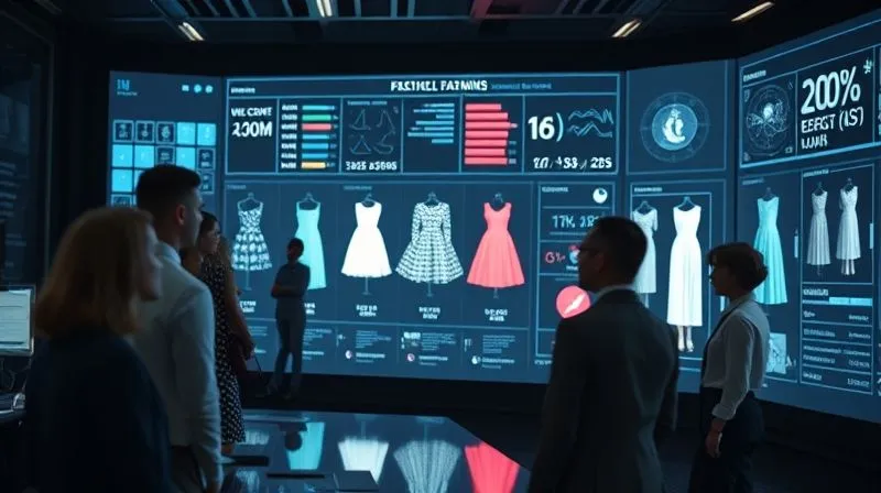 A photorealistic image of a sleek, transparent AI interface displaying complex fashion trend predictions, with dress silhouettes and data visualizations. A diverse team of fashion professionals observes the data in a modern control room. Cinematic lighting, sharp focus on the AI screen, depth of field blurring the team, 8K hyper-detailed.