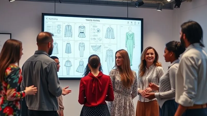 A photorealistic image of a diverse, creative fashion team collaborating around a large, interactive screen displaying mood boards, trend graphs, and dress sketches. The atmosphere is energetic and innovative. Cinematic lighting, sharp focus on the team's interaction, depth of field blurring the background, 8K hyper-detailed.