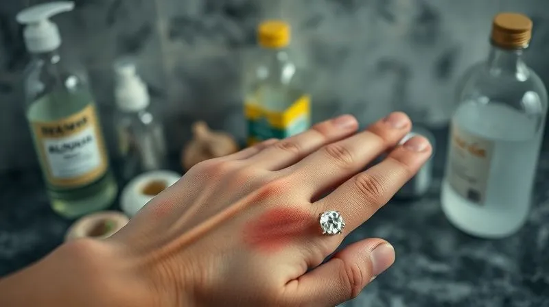 A photorealistic professional photography shot of a hand holding a piece of costume jewelry with a visible red, irritated patch of skin where the jewelry touched. In the background, out of focus, are various household items that might be mistakenly used as remedies, like a bottle of rubbing alcohol, a clove of garlic, and a half-used bottle of clear nail polish, creating a contrast between ineffective and effective solutions. Cinematic lighting, sharp focus on the hand and jewelry, 8K hyper-detailed, depth of field.