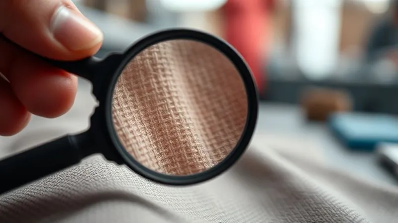 A photorealistic close-up of a human hand gently touching a fabric swatch, with a magnifying glass hovering over the surface, revealing intricate fabric weave and subtle chemical coatings. The background is a blurred textile lab setting, 8K, cinematic lighting, sharp focus on the hand and fabric, depth of field, shot on a high-end DSLR.