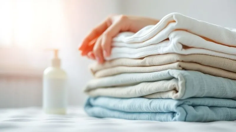A photorealistic image of a neatly folded stack of clean, soft clothing, with a hand reaching for a bottle of hypoallergenic lotion in the background. The scene is bright and airy, suggesting cleanliness and comfort. Professional photography, 8K, cinematic lighting, sharp focus on the clothes, depth of field, shot on a high-end DSLR.