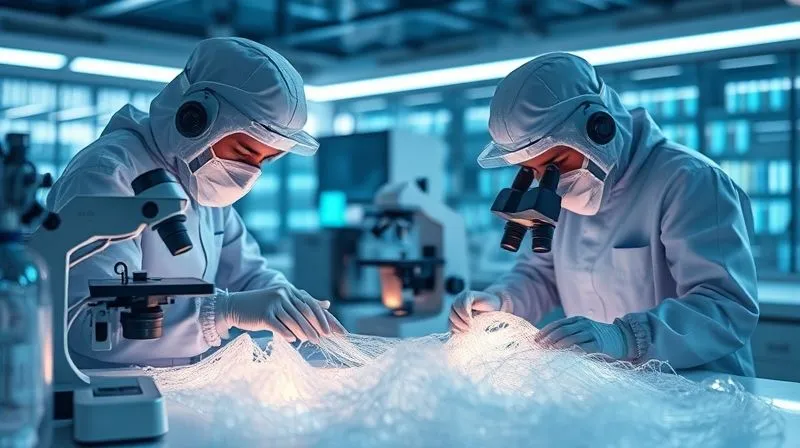 A photorealistic image of a futuristic textile research lab, with glowing fabric samples under microscopes and scientists in cleanroom suits examining innovative, translucent antimicrobial fibers. The atmosphere is one of high-tech discovery and precision. Professional photography, 8K, cinematic lighting, sharp focus on the fibers, depth of field, shot on a high-end DSLR.