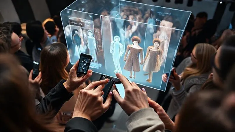 A photorealistic overhead shot of a diverse group of people, some holding smartphones or tablets, actively engaging with a holographic interface that shows fashion models. Their fingers are poised to tap, swipe, or select, indicating interaction. The virtual show environment is subtly visible in the background, with data overlays and interactive elements integrated seamlessly. Cinematic lighting, 8K, sharp focus, depth of field, shot on a high-end DSLR, conveying active participation and digital interaction.