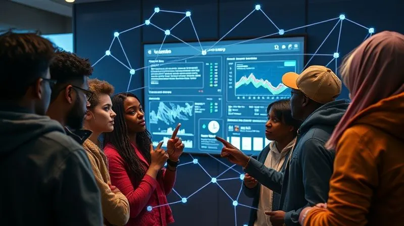A photorealistic image showing a diverse group of sneaker enthusiasts looking at a digital screen, with some pointing out anomalies, while a subtle network of glowing lines connects them to a central security dashboard. Represents community collaboration against bots. Cinematic lighting, sharp focus, 8K, professional photography.