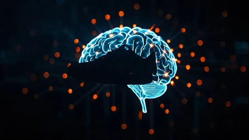 photorealistic, professional photography, 8K, cinematic lighting, sharp focus, depth of field, shot on a high-end DSLR, a stylized, glowing digital brain or network diagram overlaid with a silhouette of a sneaker, representing the complex bot networks targeting limited drops, set against a dark, futuristic background.