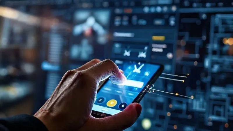 photorealistic, professional photography, 8K, cinematic lighting, sharp focus, depth of field, shot on a high-end DSLR, a person's hand swiftly navigating a sleek, modern smartphone interface, with digital elements and glowing lines illustrating fast data flow, symbolizing optimized manual copping, against a blurred background of a complex e-commerce website checkout page.