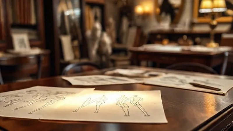 A photorealistic, professional photography, 8K, cinematic lighting, sharp focus, depth of field, shot on a high-end DSLR, showing a selection of vintage haute couture design sketches laid out on a mahogany table, with one specific sketch highlighted by a soft, ethereal spotlight, emphasizing its unique potential for modern reinterpretation. The background is a blurred, opulent atelier setting.