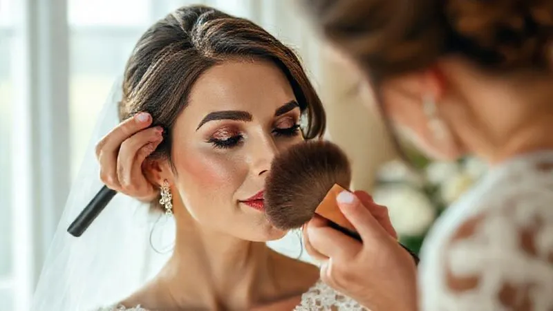 photorealistic, professional photography, 8K, cinematic lighting, sharp focus, depth of field, shot on a high-end DSLR, a makeup artist meticulously applying setting powder to a bride's face with a large, soft brush, the bride looking relaxed and confident, soft, diffused light, elegant bridal setting.