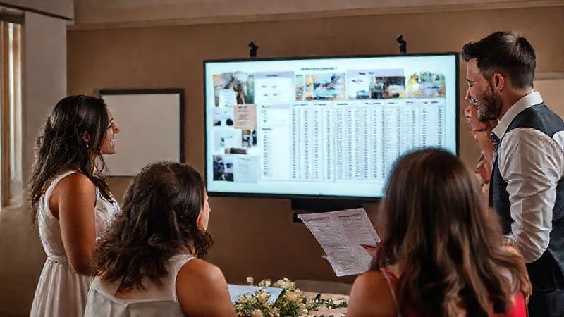 A diverse group of bridesmaids and groomsmen collaboratively reviewing a digital mood board and a budget spreadsheet on a large screen, all engaged and smiling, suggesting open communication and planning. Photorealistic, professional photography, 8K, cinematic lighting, sharp focus, depth of field, shot on a high-end DSLR.