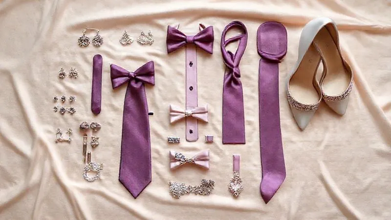 A meticulously organized flat lay of various bridal party accessories – earrings, cufflinks, ties, sashes, and shoes – all coordinated in color and style, laid out on a soft, elegant fabric. The arrangement is clean and aesthetically pleasing, highlighting attention to detail. Photorealistic, professional photography, 8K, cinematic lighting, sharp focus, depth of field, shot on a high-end DSLR.