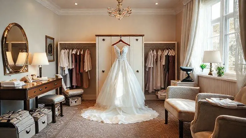 A beautifully lit, spacious bridal suite or dressing room, with neatly arranged garment bags, a steaming station, and a designated area for hair and makeup. The scene is calm and organized, with a sense of anticipation rather than rush. Hints of natural light filtering in. Photorealistic, professional photography, 8K, cinematic lighting, sharp focus, depth of field, shot on a high-end DSLR.