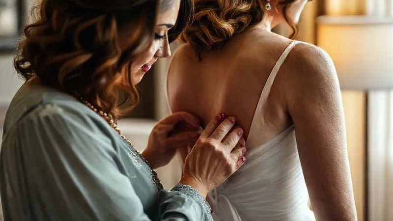 A close-up, intimate shot of a maid of honor or a designated fashion coordinator making a final, gentle adjustment to a bridesmaid's dress, perhaps smoothing a wrinkle or fastening a clasp, just moments before the ceremony. The bridesmaid looks relaxed and confident. The background is softly blurred, focusing on the detail of the adjustment. Photorealistic, professional photography, 8K, cinematic lighting, sharp focus, depth of field, shot on a high-end DSLR.