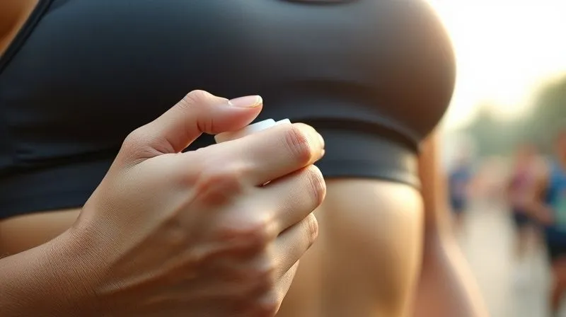 A close-up, photorealistic professional photograph of a runner's hand applying a solid anti-chafing stick to the skin under a sports bra band. The stick is clearly visible, and the skin looks prepped and moisturized. The background is a slightly blurred race morning scene. Cinematic lighting, sharp focus on the application, depth of field. Shot on a high-end DSLR, 8K hyper-detailed.