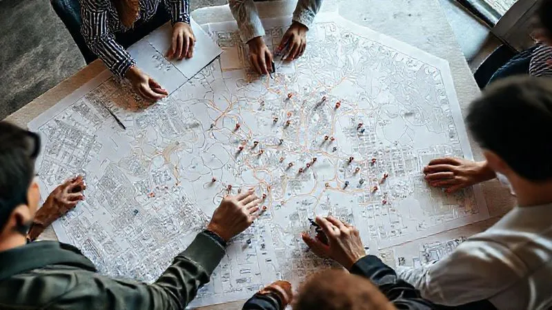 A photorealistic, professional photography image from an elevated perspective, showing a fashion shoot production team meticulously reviewing blueprints and digital maps spread across a large table, highlighting various pins and routes between diverse urban and natural locations. Cinematic lighting, sharp focus on the detailed plans, depth of field blurring the background slightly to emphasize the strategic planning. Shot on a high-end DSLR, 8K, conveying a sense of foresight and control.