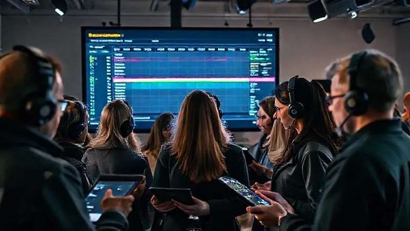A photorealistic, professional photography image of a diverse fashion shoot crew looking intently at a large digital monitor displaying a live, color-coded timeline and task list, with various team members actively updating statuses on tablets and headsets. The setting is a bustling but organized backstage area on location, with cinematic lighting, sharp focus on the technology and focused faces, depth of field blurring the background action. Shot on a high-end DSLR, 8K, conveying efficient real-time management.