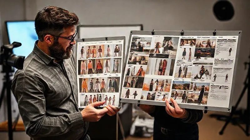 A photorealistic, professional photography image of a creative director and photographer meticulously reviewing an extensive physical storyboard and digital mood board side-by-side, showcasing various fashion looks integrated into diverse location concepts. The boards are filled with specific shots, color palettes, and styling details. Cinematic lighting, sharp focus on the collaborative process, depth of field subtly blurring the studio background. Shot on a high-end DSLR, 8K, conveying a shared creative vision.