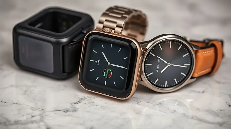 A close-up, photorealistic shot of three different smartwatches arranged on a polished marble surface. One is bulky and sporty with a rubber strap, one is a mid-range modern design with a metal bracelet, and the third is an ultra-slim, elegant model with a fine leather strap and a classic round face. Cinematic lighting highlights the textures and subtle differences, sharp focus on the elegant model, 8K hyper-detailed, depth of field blurring the background subtly.