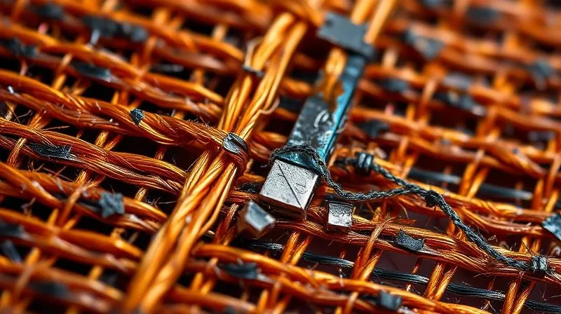 A macro shot of a conductive fabric weave under a microscope, showing visible signs of wear and tear, broken metallic threads, and corroded areas. Photorealistic, professional photography, 8K, cinematic lighting, sharp focus, depth of field, shot on a high-end DSLR.