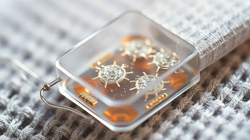 A close-up cross-section view of a high-tech conductive fabric, showing metallic fibers encapsulated within a clear polymer matrix, with surrounding textile fibers. Photorealistic, professional photography, 8K, cinematic lighting, sharp focus, depth of field, shot on a high-end DSLR.