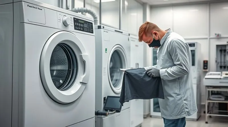 A professional laboratory setting with advanced textile testing equipment, including a washing machine specifically designed for durability testing, and a technician meticulously inspecting conductive fabric samples. Photorealistic, professional photography, 8K, cinematic lighting, sharp focus, depth of field, shot on a high-end DSLR.
