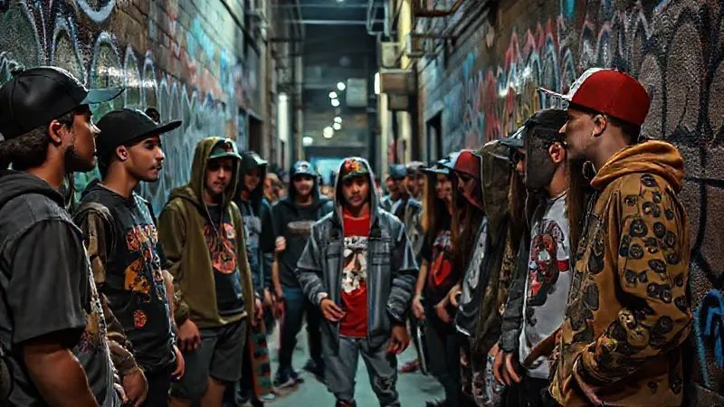 A photorealistic, professional photography, 8K, cinematic lighting, sharp focus, depth of field, shot on a high-end DSLR of a vibrant, diverse group of young adults from various urban subcultures (skaters, street artists, musicians, gamers) gathered in a dimly lit, graffiti-covered alley, sharing stories and showcasing their unique, personalized streetwear. The atmosphere is authentic, energetic, and full of creative exchange.