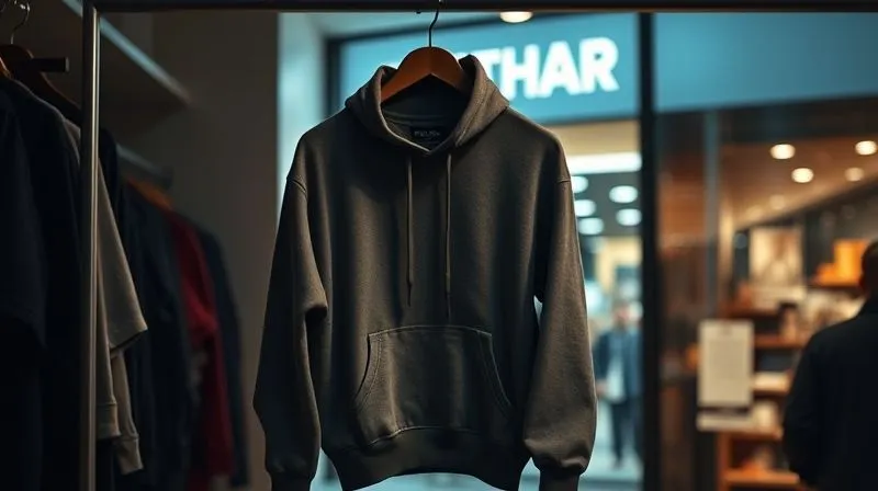 Photorealistic, professional photography, 8K, cinematic lighting, sharp focus, depth of field, shot on a high-end DSLR. A single, distinct, artfully designed streetwear hoodie, hanging on a minimalist rack in a dimly lit, authentic urban boutique, with a blurred backdrop of a brightly lit, generic fast-fashion store facade, symbolizing the contrast between niche authenticity and mass-market dilution.
