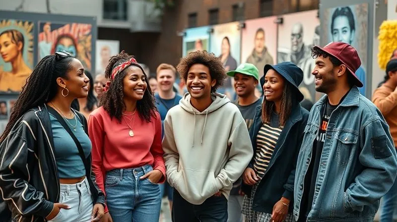 Photorealistic, professional photography, 8K, cinematic lighting, sharp focus, depth of field, shot on a high-end DSLR. A diverse group of young adults, dressed in distinct contemporary urban streetwear, laughing and interacting at a vibrant, art-filled community pop-up event in an urban setting, surrounded by unique fashion displays and local art installations, conveying a strong sense of belonging and shared culture.