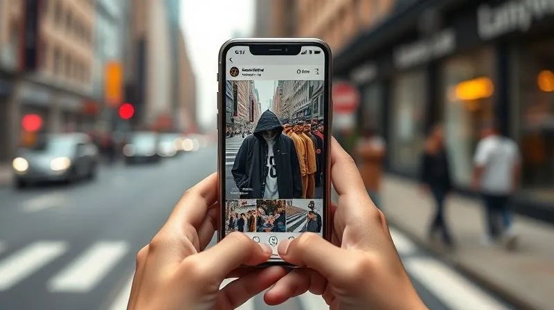 Photorealistic, professional photography, 8K, cinematic lighting, sharp focus, depth of field, shot on a high-end DSLR. A smartphone screen displaying a meticulously curated streetwear brand's Instagram feed, featuring high-quality, artistic shots of apparel and urban scenes, held by hands against a blurred backdrop of a bustling but stylish city street, emphasizing thoughtful digital presence.