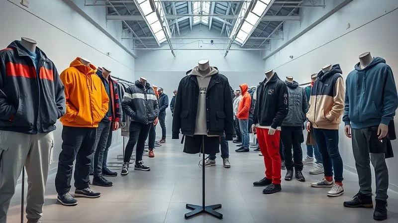 Photorealistic, professional photography, 8K, cinematic lighting, sharp focus, depth of field, shot on a high-end DSLR. A diverse collection of contemporary urban streetwear garments, some with classic silhouettes and others with innovative, futuristic designs, displayed on mannequins in a dynamic, evolving gallery space, with subtle futuristic architectural elements and natural light, symbolizing adaptation and evolution within a niche.