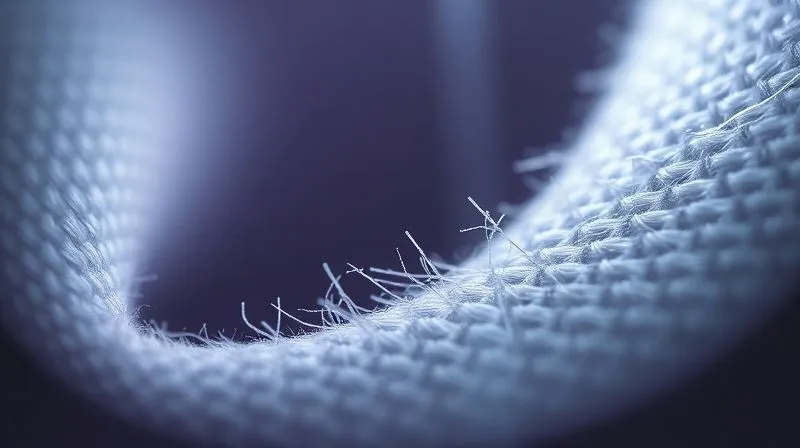 A photorealistic close-up of a textile fiber under a microscope, showing subtle signs of molecular damage or fraying, with a stylized light beam hitting it. Cinematic lighting, sharp focus on the damaged fiber, depth of field blurring the background. 8K hyper-detailed, professional photography, shot on a high-end DSLR, conveying scientific analysis and fragility.