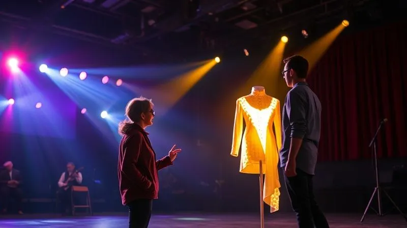 A photorealistic wide shot of a theatrical stage during a technical rehearsal, with a costume designer and lighting designer in conversation, pointing towards a brightly lit costume on a mannequin. Stage lights cast dramatic, colorful beams. Cinematic lighting, sharp focus on the designers and mannequin, depth of field blurring the background stage. 8K hyper-detailed, professional photography, shot on a high-end DSLR, conveying collaboration and problem-solving.