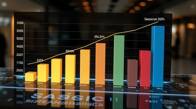A photorealistic 3D bar chart showing sales growth for different womenswear categories over the past three seasons, with a clear upward trend for 'sustainable fabrics' and a downward trend for 'fast fashion basics'. The chart is displayed on a sleek, glowing digital interface, with data points highlighted by subtle, cinematic lighting. Professional photography, 8K, cinematic lighting, sharp focus, depth of field, shot on a high-end DSLR.